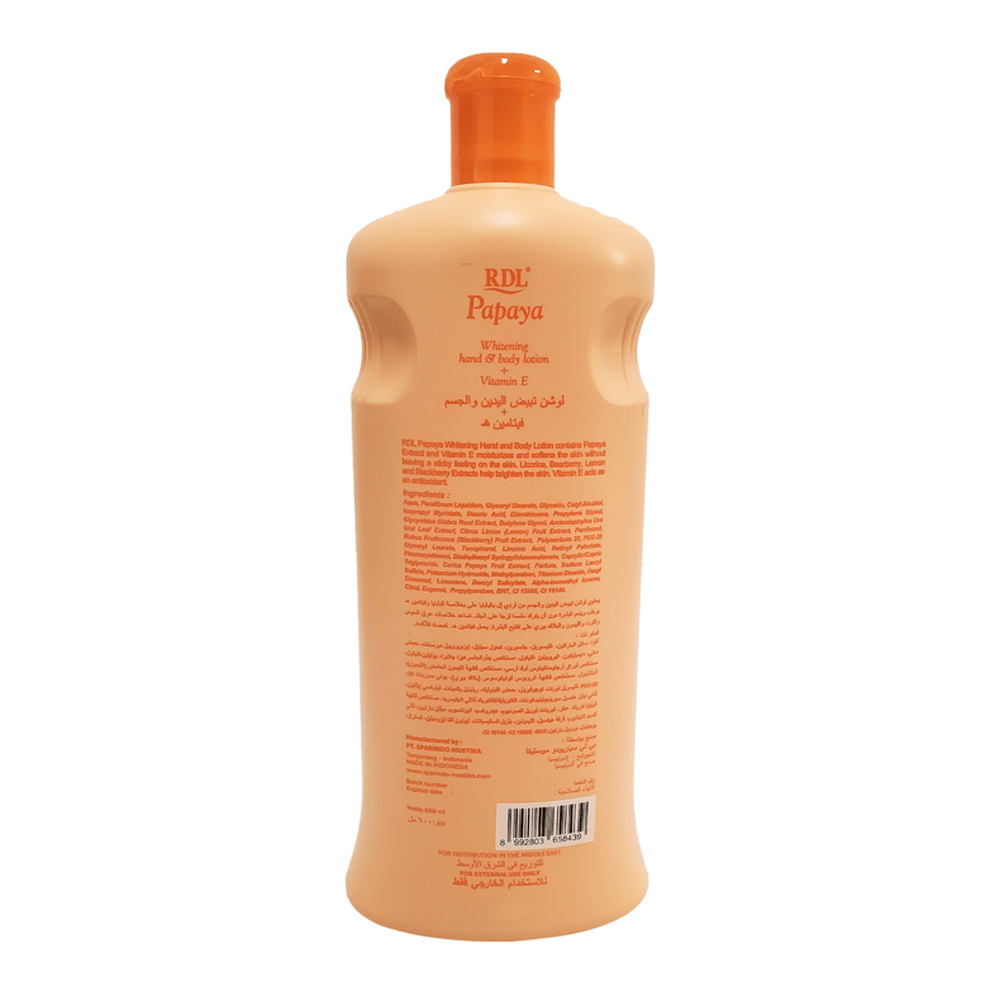 4d140a86-6471-4dcf-baff-d3b3e9286ac8-1000x1000-9Xoa7OoOBGrZQRUoxKHSoKfgef773YoclhK0hriR.png لوشن تبييض اليدين والجسم بخلاصة البابايا وفيتامين إي من ار دي ال - 600مل - الصورة 1